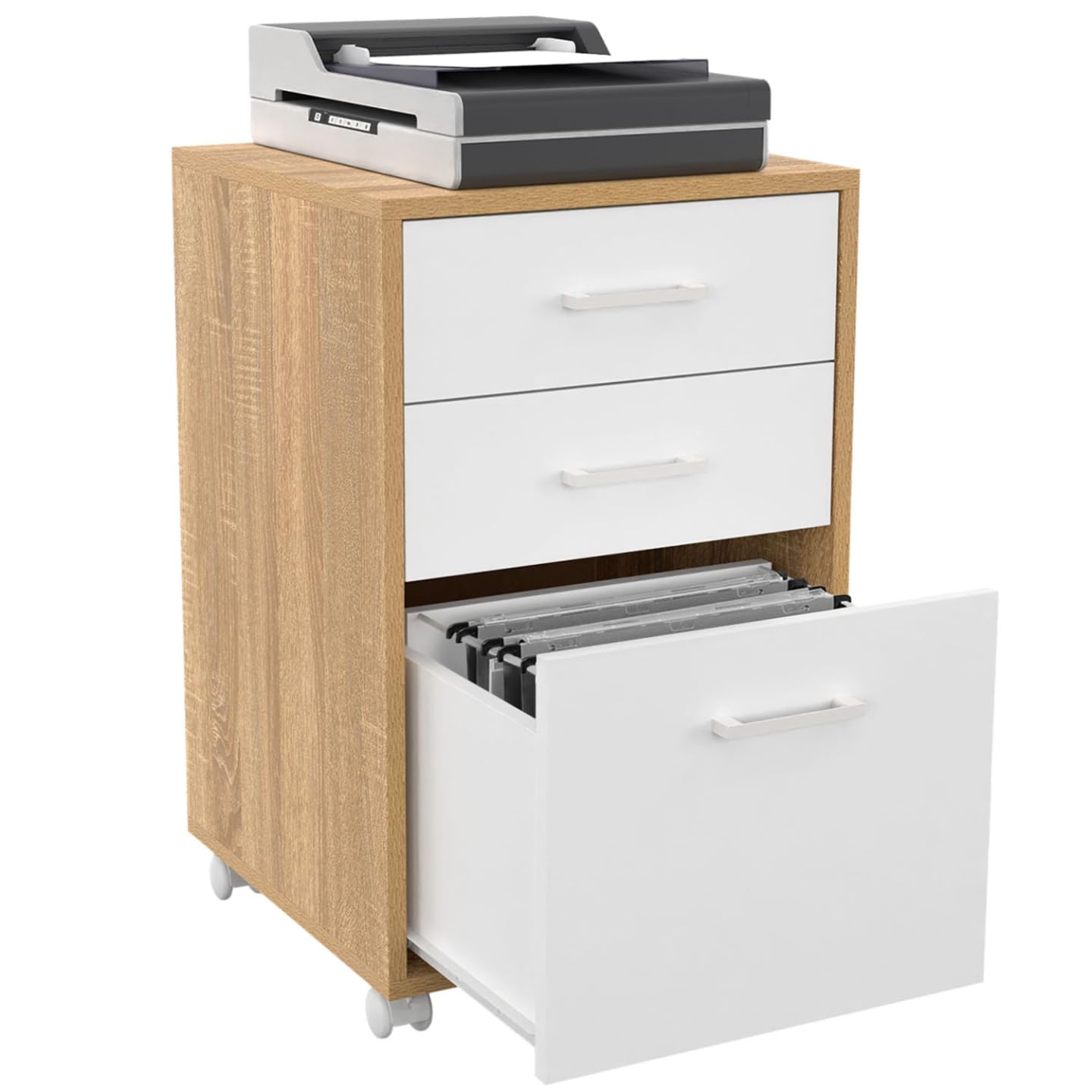 IDMarket - Caisson de Bureau Jon Support imprimante 3 tiroirs Blanc et Bois
