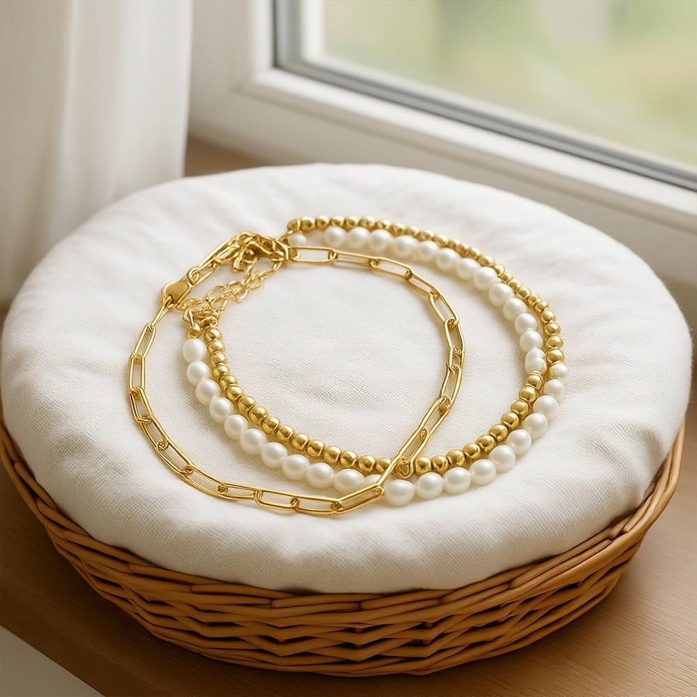 Gold Beaded Pearl Bracelet Stack for Women,Bohemian 14K Gold Plated Paperclip Link Stackable Bracelets Set Fashion Prom Festival Jewelry Accessories Gift Friendship Family - Image 4