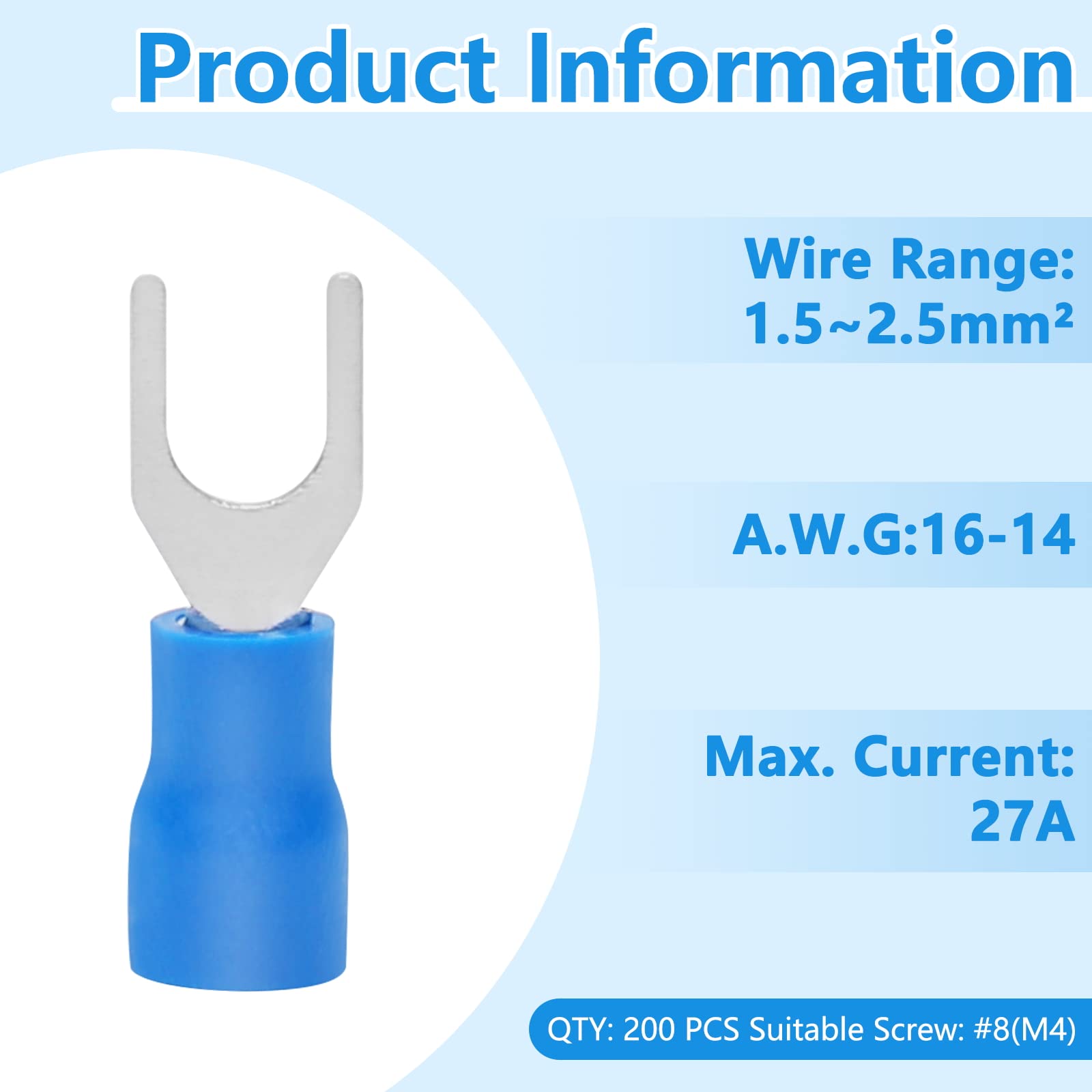 絶縁フォークスペードワイヤーコネクターブルーUタイプ200個 16-14 AWG PRECIHW 200 Pcs Insulated Fork Spade U-Type Wire Connectors, 16-14