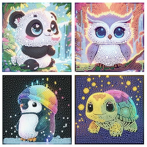 FLAJZ Diamond Painting Kinder 4 Pack Diamant Painting Bilder Süß Tiere Diamond Painting für Kinder ab 6 7 8 9 10 11 12 Jahre DIY Mosaik Bastelset Weihnachtsgeschenke 15x15cm