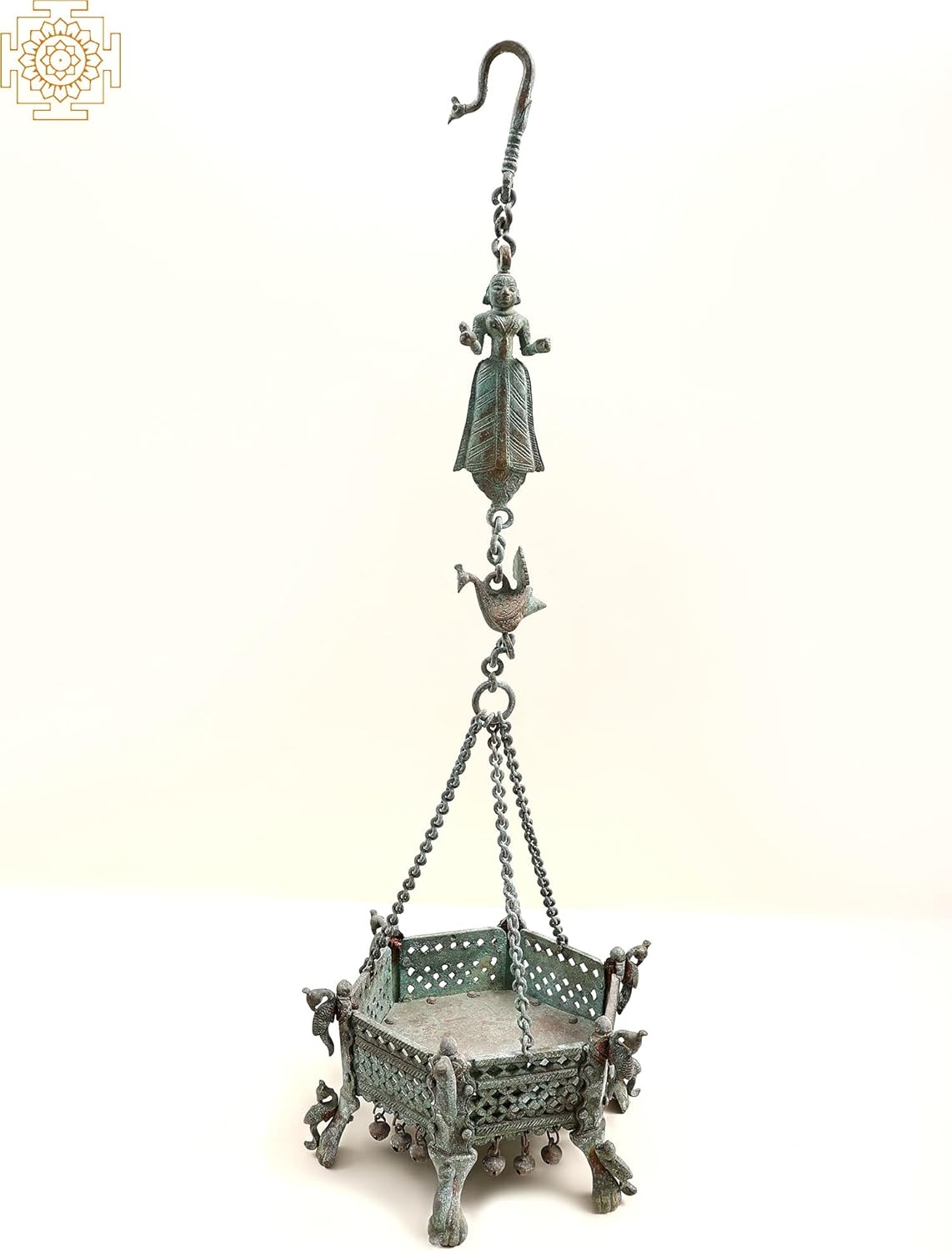 Exotic India Brass Hanging Lady Pedestal with Peacock Design - Brass - Color 9.75 Inch