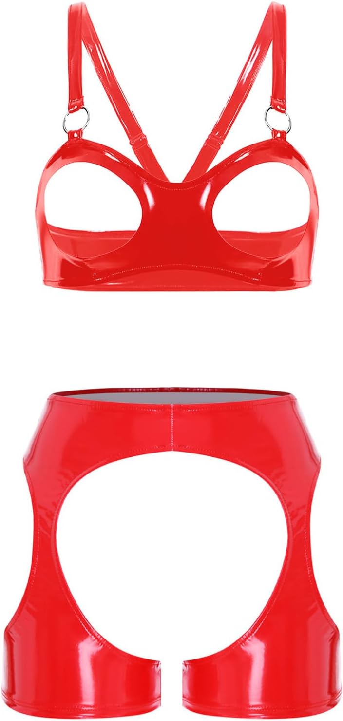 Adult Womens Patent Leather Bra with Low Waist Hollow Out Teddy Booty Shorts Party Clubwear