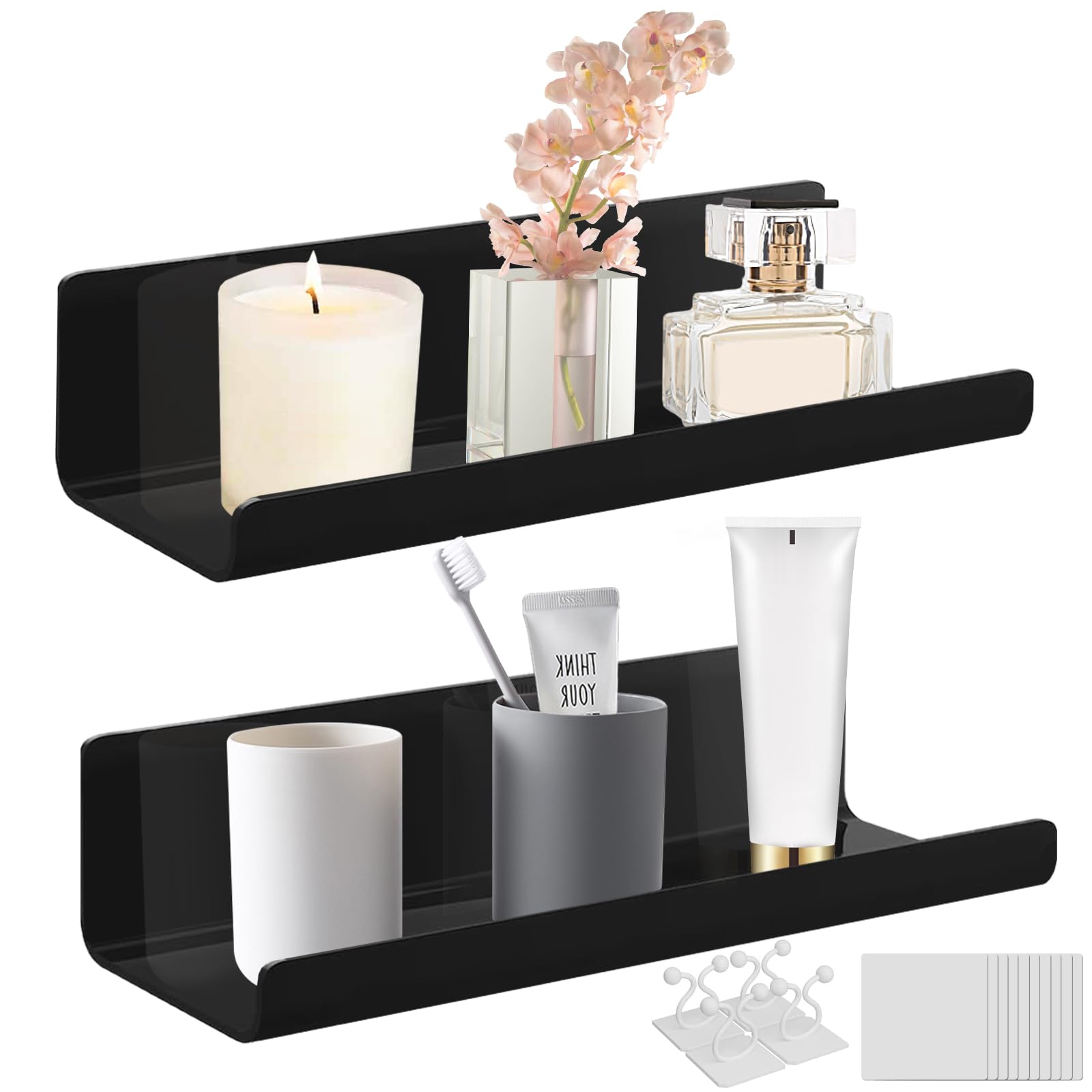 6 Acryl Regale Set – Klar & Schwarz, 38 Cm, Selbstklebend Oder Mit Schrauben, Für Wandmontage In Bad, Küche, Wohnzimmer