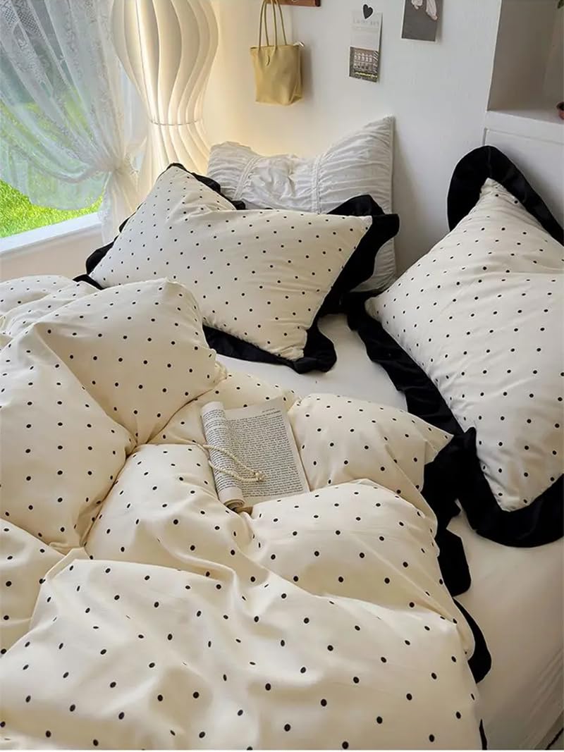 Bettbezug 135X200 mit Rüschen und Punkten – Weiches Gewaschenes Mikrofaser-Bettwäsche-Set für Mädchen und Frauen, Wendbare Französische Bettbezüge mit Rüschen, Kissenbezügen und Reißversch