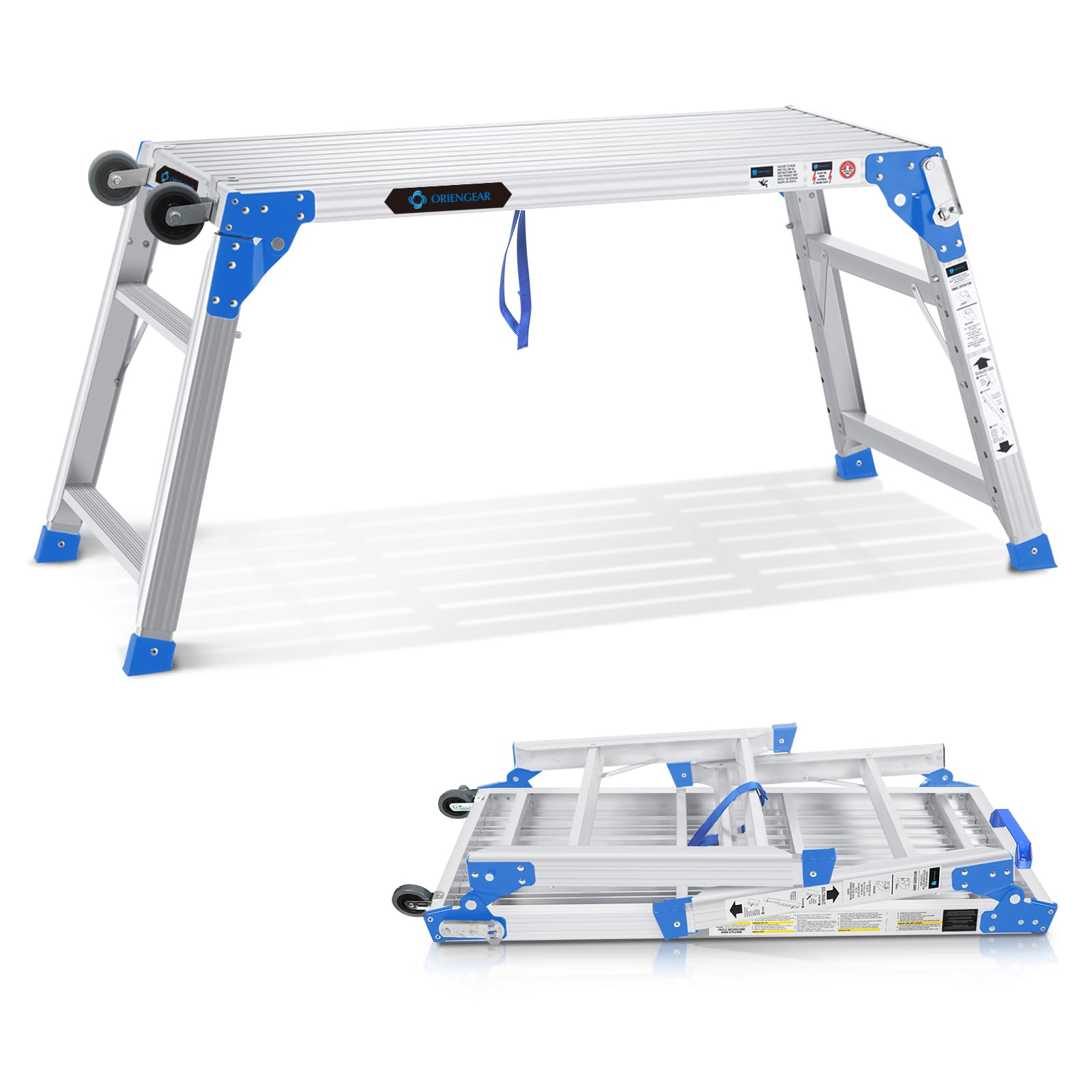 ORIENGEARAdjustable Work Platform with Wheels, Support 330 lbs Height 24 to 35 inches Portable Aluminum Step Stool Folding Ladder Non Slip for Household Office Cleaning & Washing, Blue