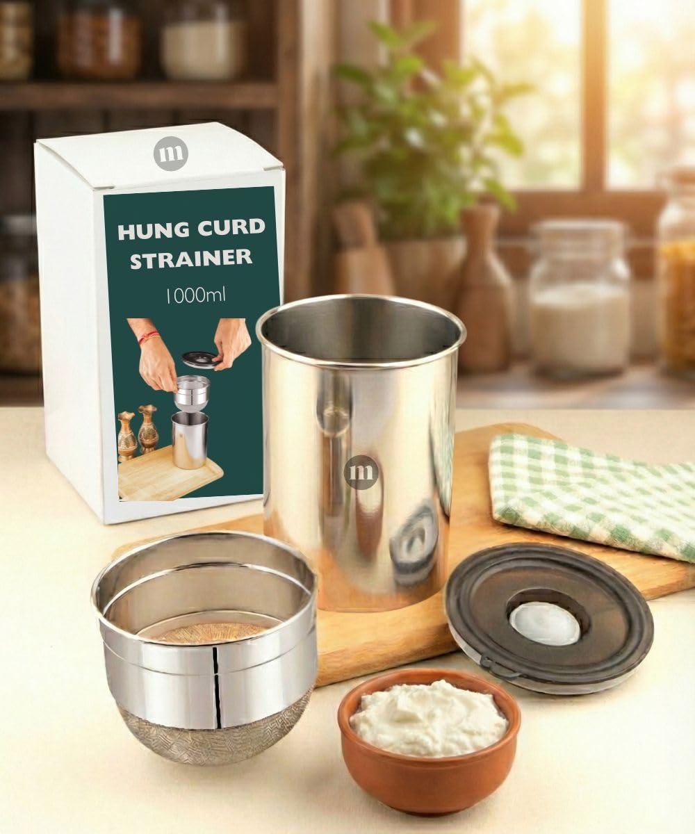 Maru Stainless Steel Multipurpose Greek Yogurt and Hung Curd Maker 1000ml – BPA Plastic Free Durable Steel Oil/Food Strainer with Storage Container, for Making 200 gm Homemade Yoghurt