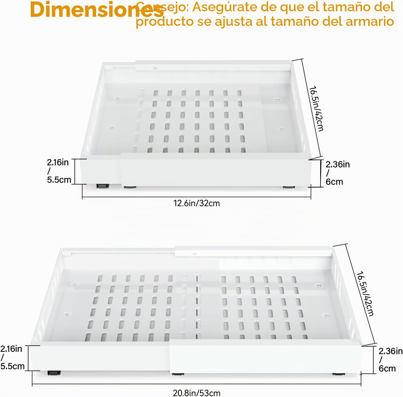 iHomara Paquete de 2 organizadores adhesivos extraíbles para armarios de cocina, cajones deslizables y estantes para la despensa, ancho ajustable de 32 a 53 cm