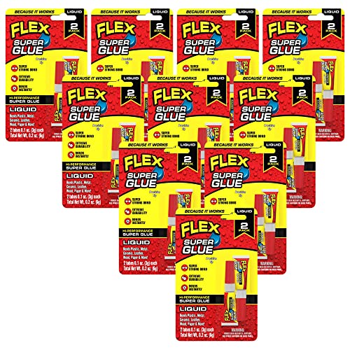 Flex Super Glue Liquid, (2) 3 Gram Tubes, 10-Pack, Clear, Instant Bond, Quick Dry, Cyanoacrylate Adhesive, Precision Tip for Wood, Metal, Plastic, Crafts, Ceramic, and Toy Repairs