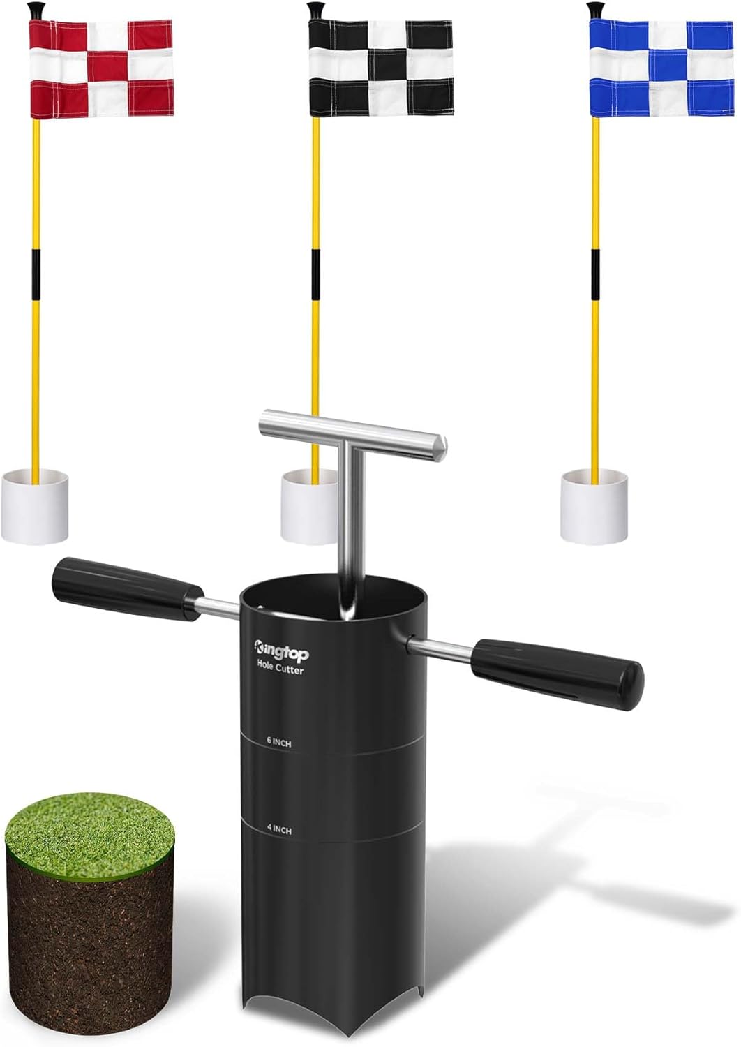KINGTOP Portable Golf Hole Cutter and 3ft Golf Flagstick Bundle – Carbon Steel Blade for Easy Digging, 2-Section Ball Retrieving Flagstick for Backyard Practice Putting Green