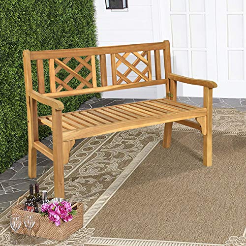 Giantex Patio Wooden Bench, 4 Ft Foldable Acacia Garden Bench, Two Person Loveseat Chair Solid with Curved Backrest and Armrest Ideal for Patio, Porch or Balcony (Teak)