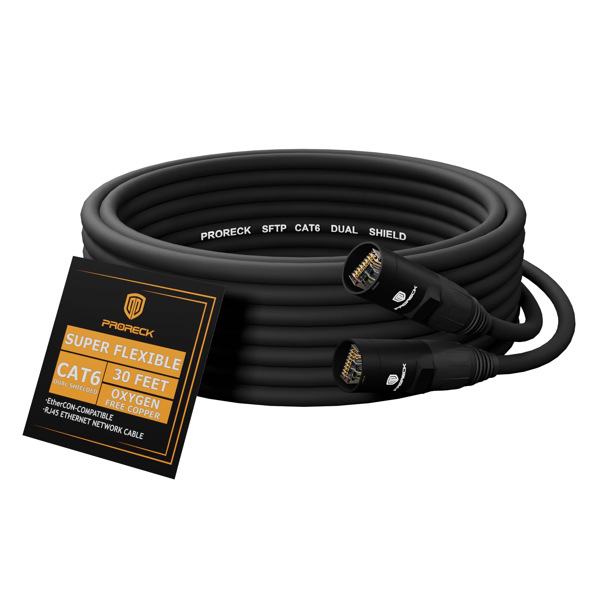 PRORECK SFTP CAT6 Dual Shielded Ethernet Cable with EtherCON RJ45 Connectors,30ft, High-Speed, Ideal for Pro Sound Systems, Studio, and Live