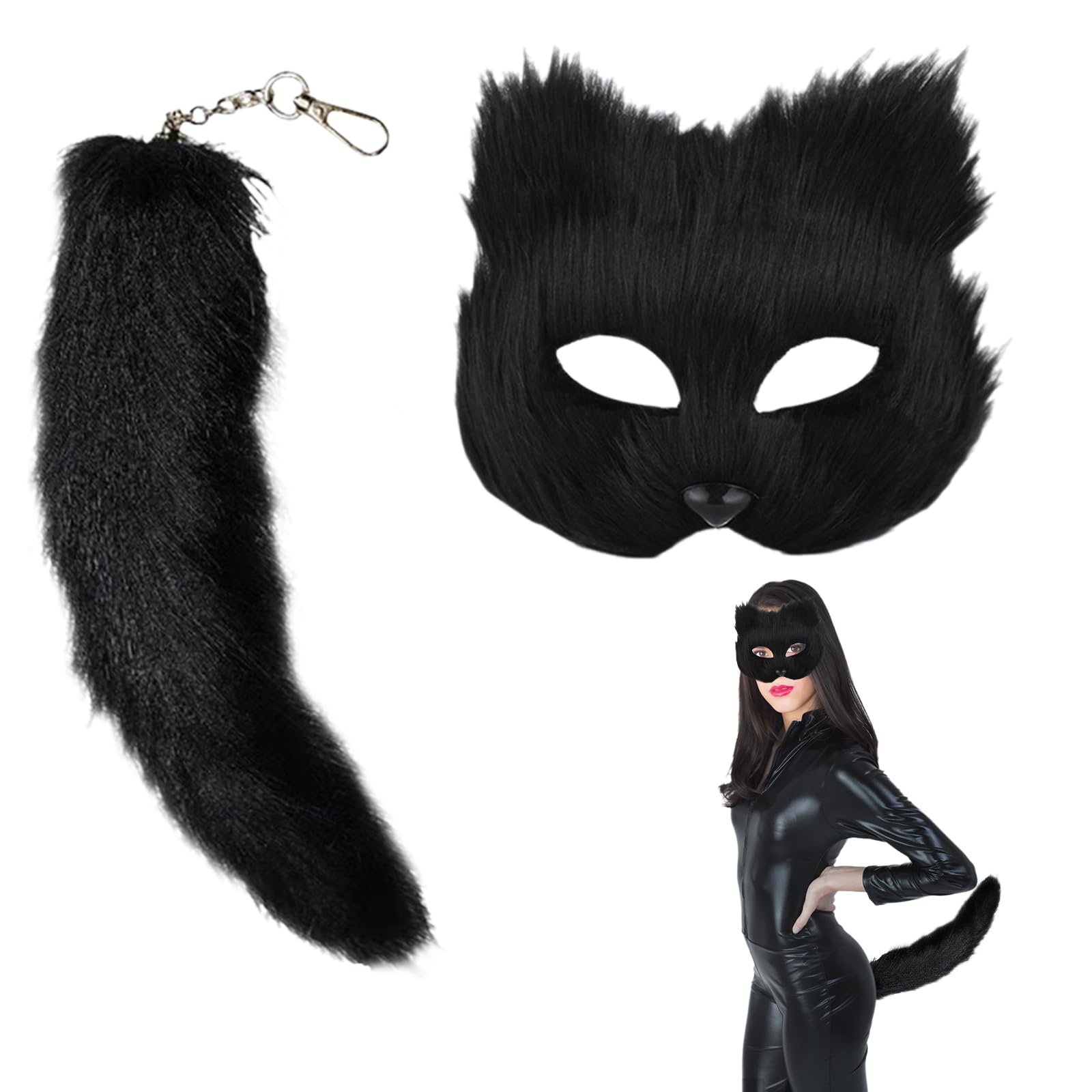 Enjoyaa Cat Mask and Plush Faux Fur Tail,Furry Fox Mask with 30cm Long Fox Tail Cosplay Party Animal Costume Dress Up Party Carnival Costume Prop for Adult Kids Halloween Dress Up(black)
