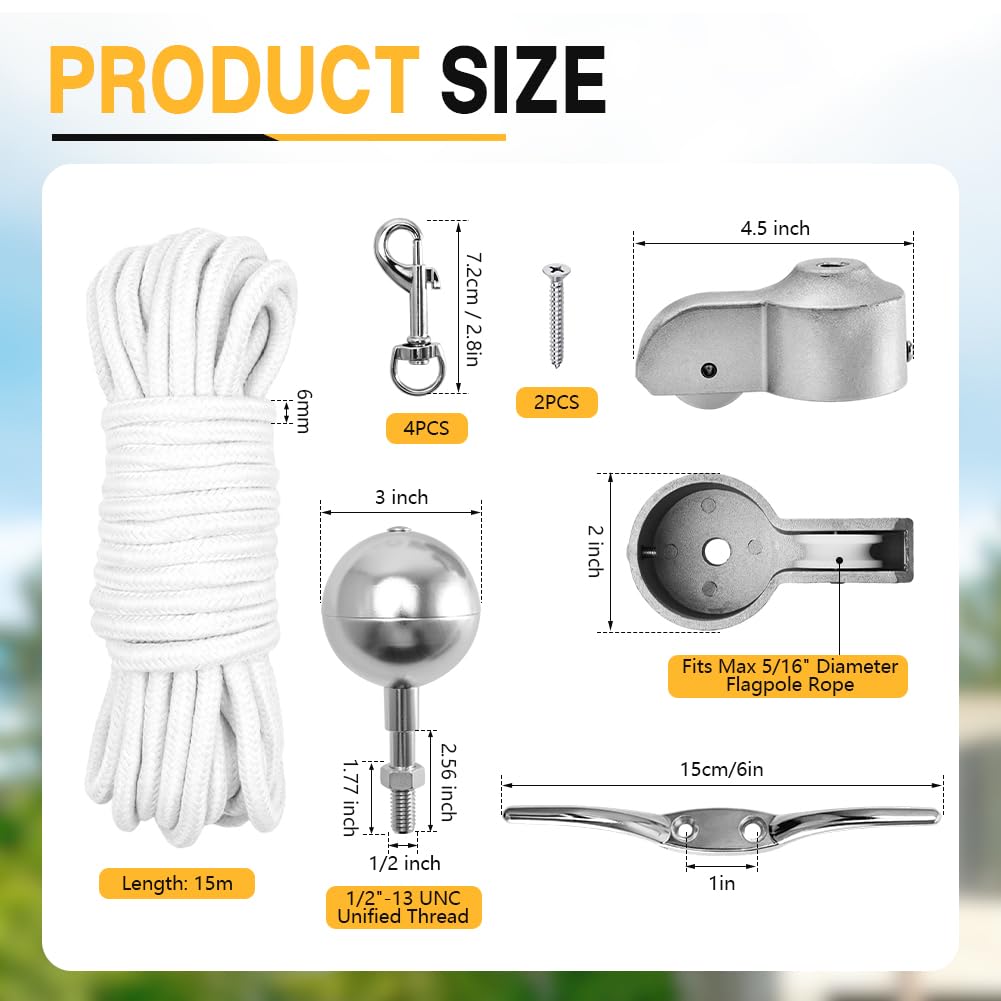 Kit d'accessoires pour mât de drapeau - Kit de réparation pour mât de 5,1 cm de diamètre - Avec boule, corde de 15 m, 4 mousquetons, cheville, surmatelas avec poulie pour décoration de jardin