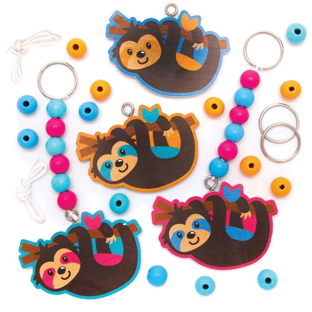 Baker Ross Sloth Wooden Keyring & Bag Dangler Kits - Pack of 4, Kids' Sloth Keyring Making Kit, Age 5+
