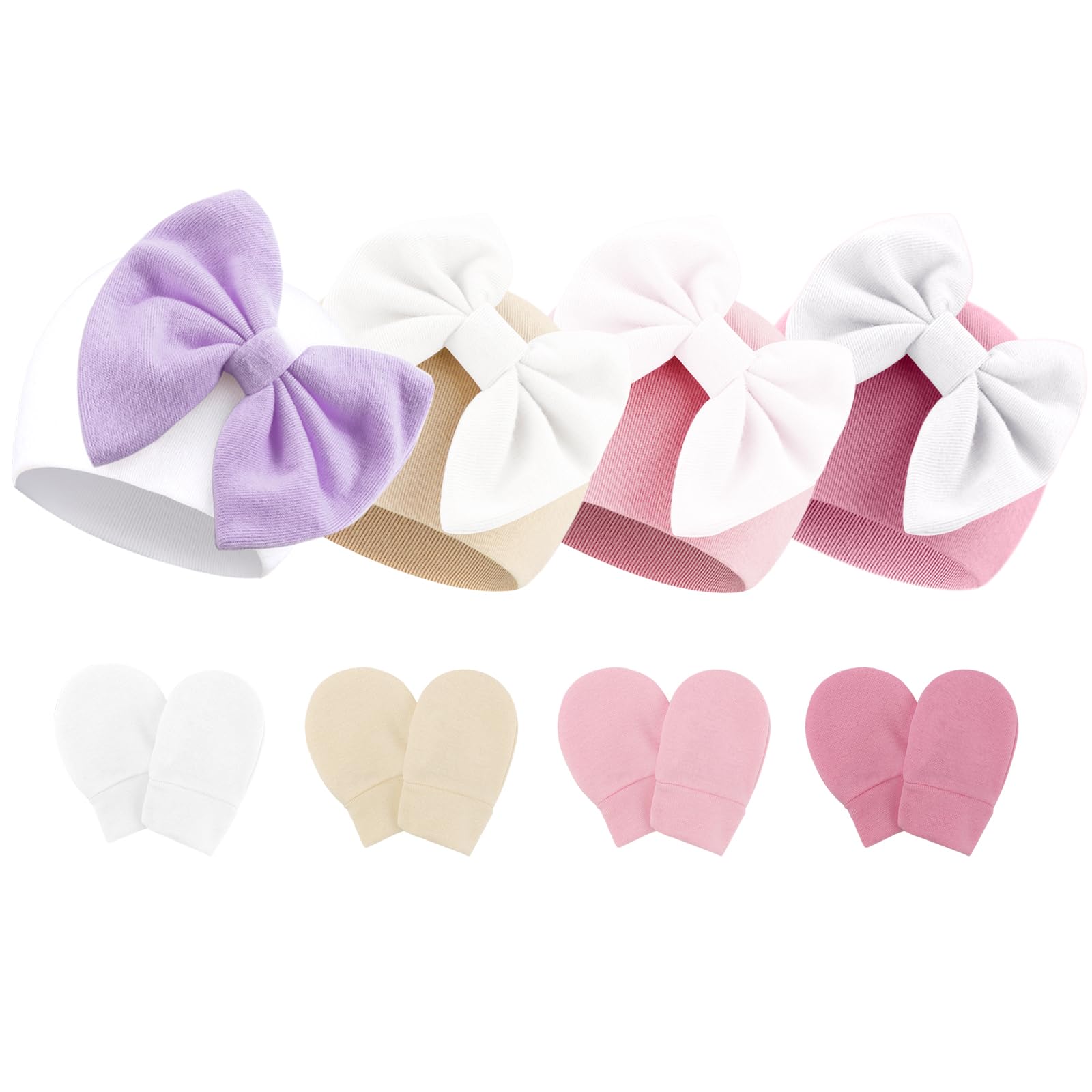 DRESHOW Newborn Baby Hats Mittens Set Hospital Hat Beanie Infant Bow Hats Baby Cotton Gloves No Scratch Mittens for 0-6 Months