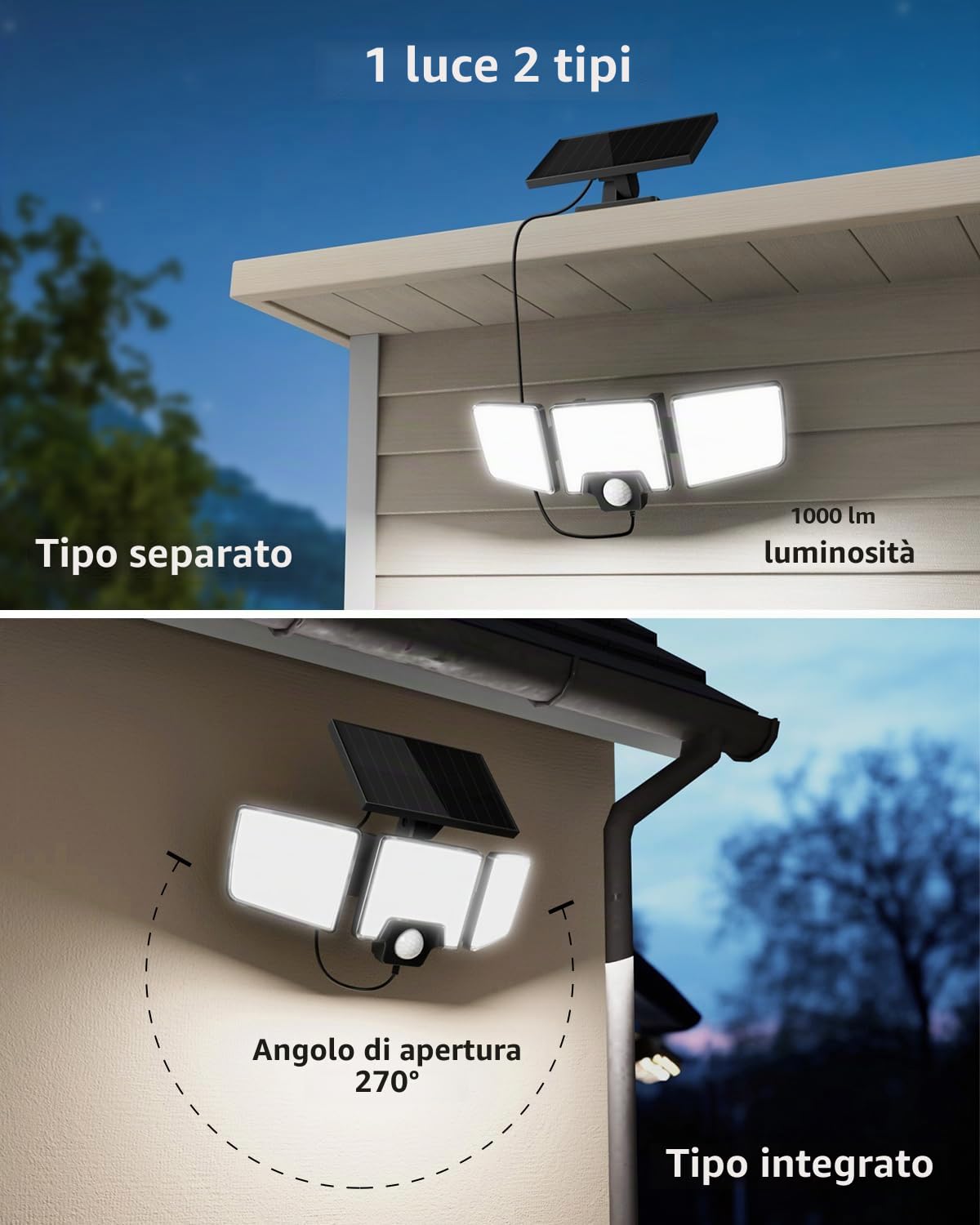 Lepro Lampada Solare da Esterno con Sensore di Movimento 74 LED 1200LM 2Pcs | IP65 Luci Solari Esterno, 3 Teste Regolabili e Impermeabili, Grandangolo 270°, per Portico Cortile Garage Pathway