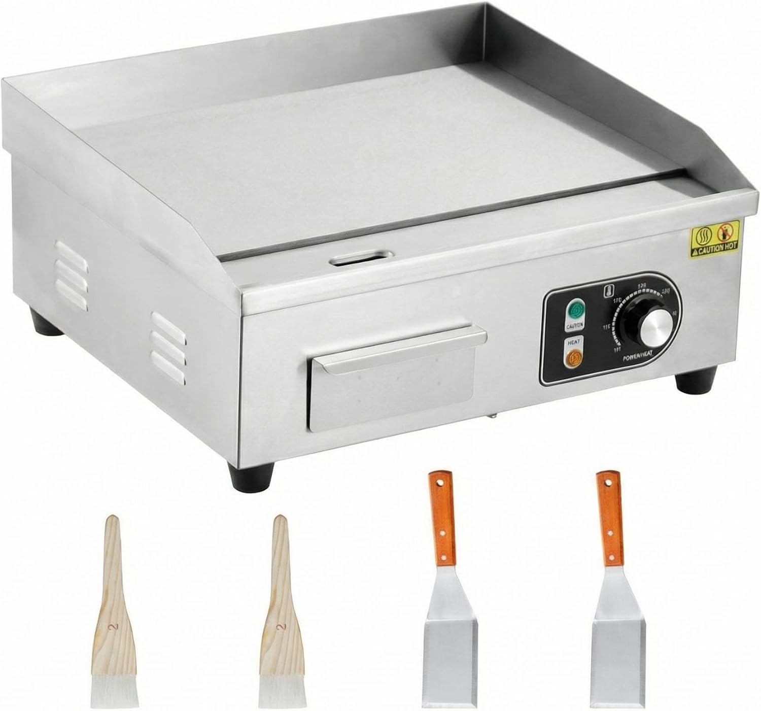 Commercial Electric Griddle 1500W-3000W – 18" Stainless Steel Flat Top Nonstick Grill – Adjustable Temp 122°F-572°F – 2 Shovels & 2 Brushes – For Home or Restaurant – 18-Inch Full Flat
