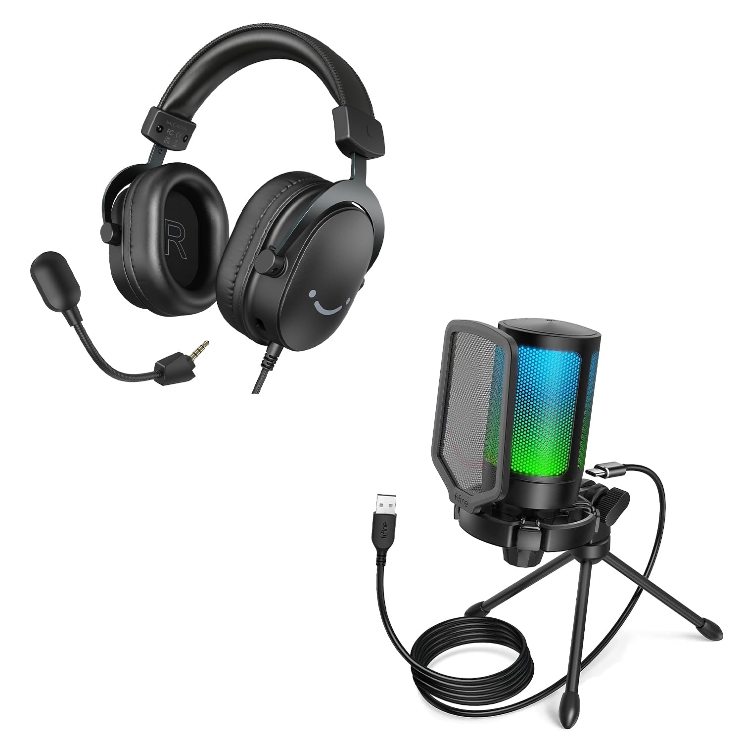 FIFINE Gaming Headset und USB Mikrofon, PC Microphone mit Mikrofon Ständer und Over Ear Kopfhörer mit USB & 3,5 mm Kabel, für Podcast Streaming Studio Mac PS4 PS5 Xbox Switch (A6V+H9)