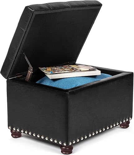 Miniatura 5 de Taburete otomano rectangular de cuero de 24 pulgadas con ribete de cabeza de clavo, cofres de juguetes y organizador de almacenamiento para Negro