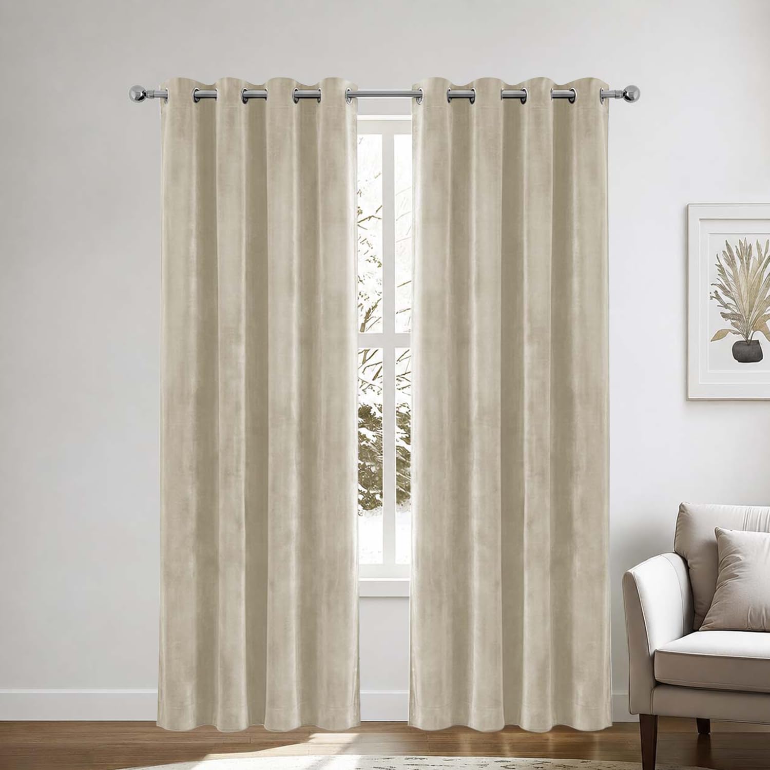 Hafaa Velvet Curtains for Bedroom 46X90 Beige Blackout Curtains 2 Panels