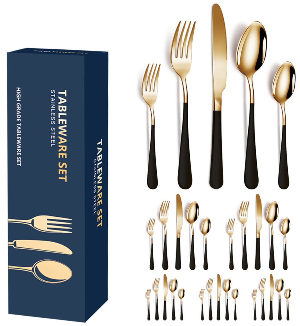XIAOYU 30-teiliges Besteck-Set für 6 Personen, Edelstahl-Besteck-Set mit mattem Griff, Messer-Gabel-Löffel-Set, für Zuhause, Restaurant, Wohnung, Schwarz