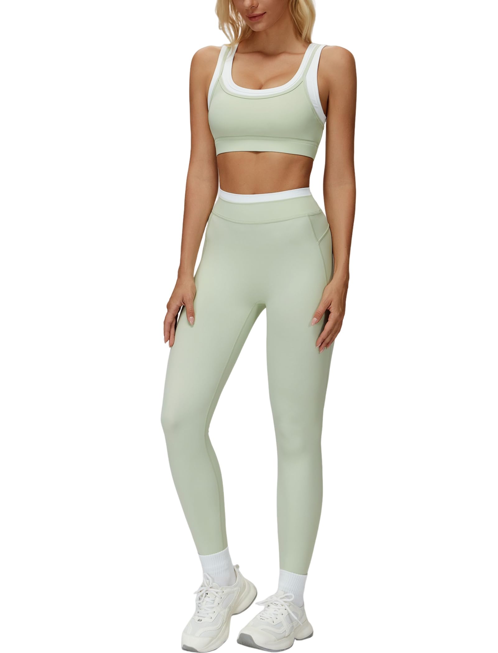 Womens Workout Set Two Piece U Back Color Block Sports Bra Matching High Waist Leggings Gym Pilates Outfits