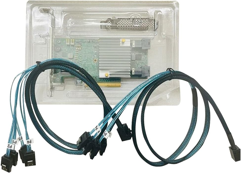 LANPAN LSI SAS9362-8I RAID Controller Card and two Mini-SAS HD SFF-8643 to SATA cables in clear plastic packaging.