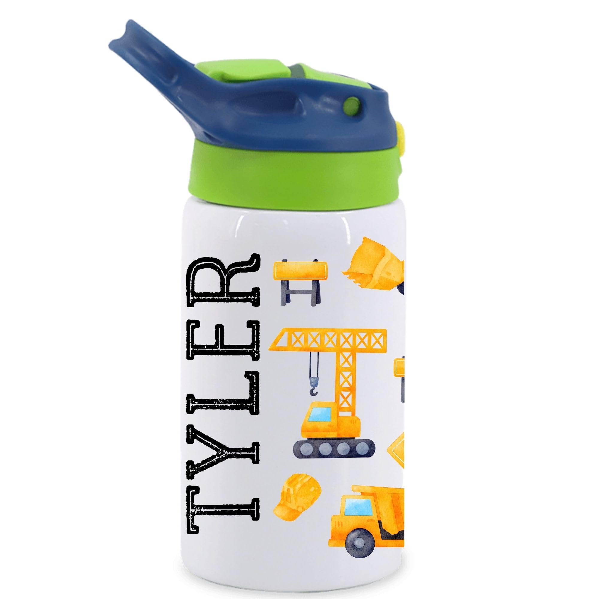 Personalized Construction Water Bottle 12oz Kids Insulated Cup with Lid Straw Custom Name Dump Truck Crane Excavator Design