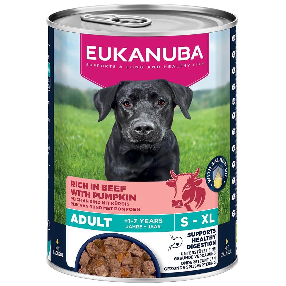 EUKANUBA Life Care Aliment Humide Chien Adulte 1 à 7 Ans Toutes Races, Pâtée Riche en Bœuf & Courges, Oméga-3, Calcium, Prébiotiques MOS, sans OGM Colorants Conservateurs, 6 boîtes de 400g