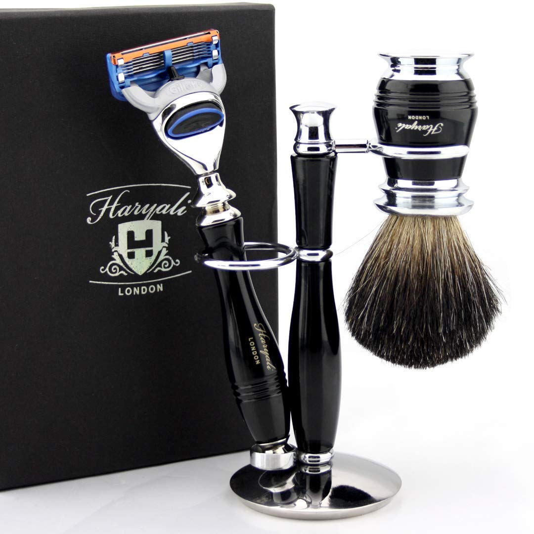 Nuovo design premium lussuoso set di rasatura a umido con manico di lusso e pennello nero puro doppio supporto