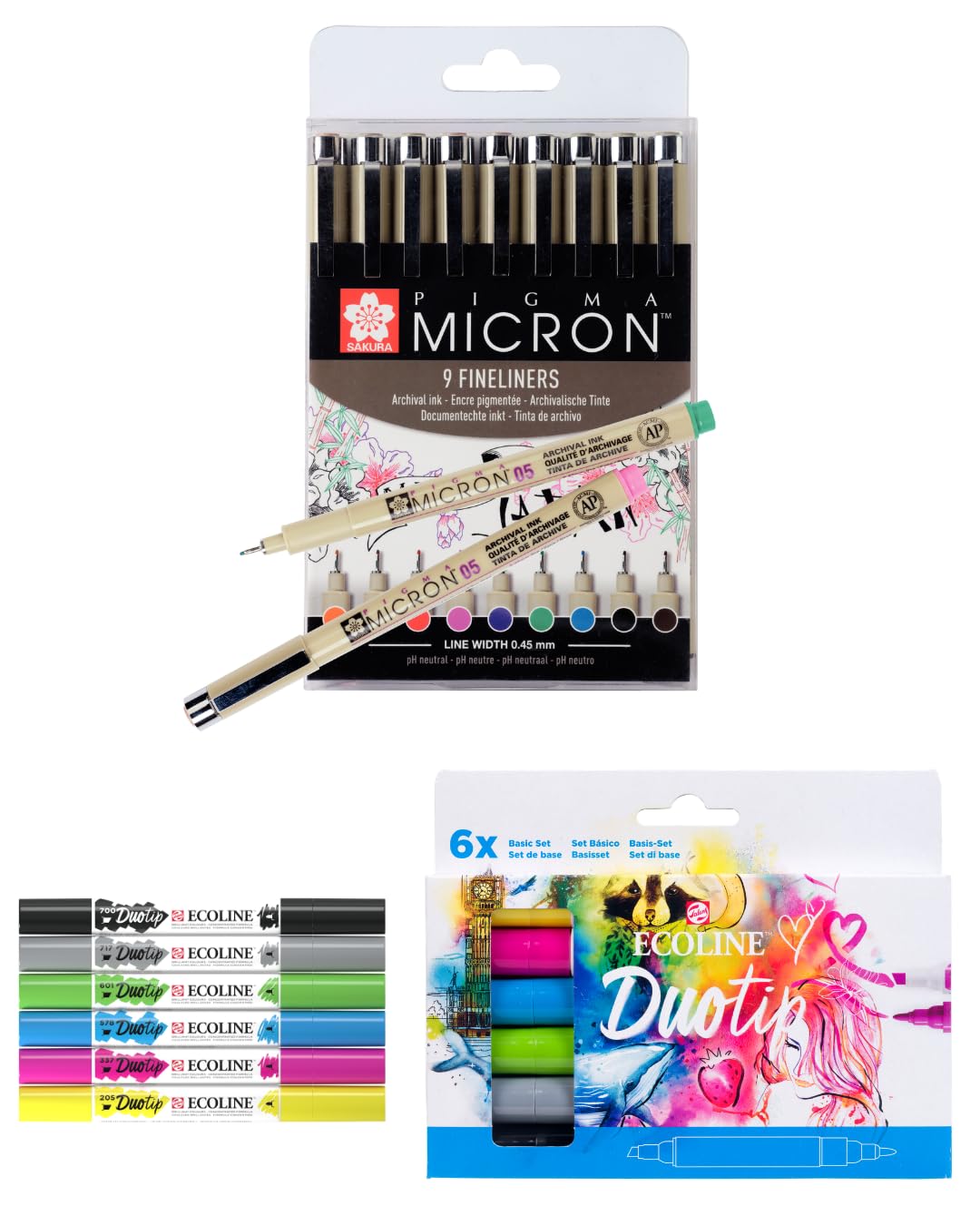 SAKURA Set Pigma Micron Fineliner couleurs & feutres aquarelle Ecoline Duotip – 9 couleurs de fineliners + 6 marqueurs aquarelle pour hand lettering, urban sketching et journaling