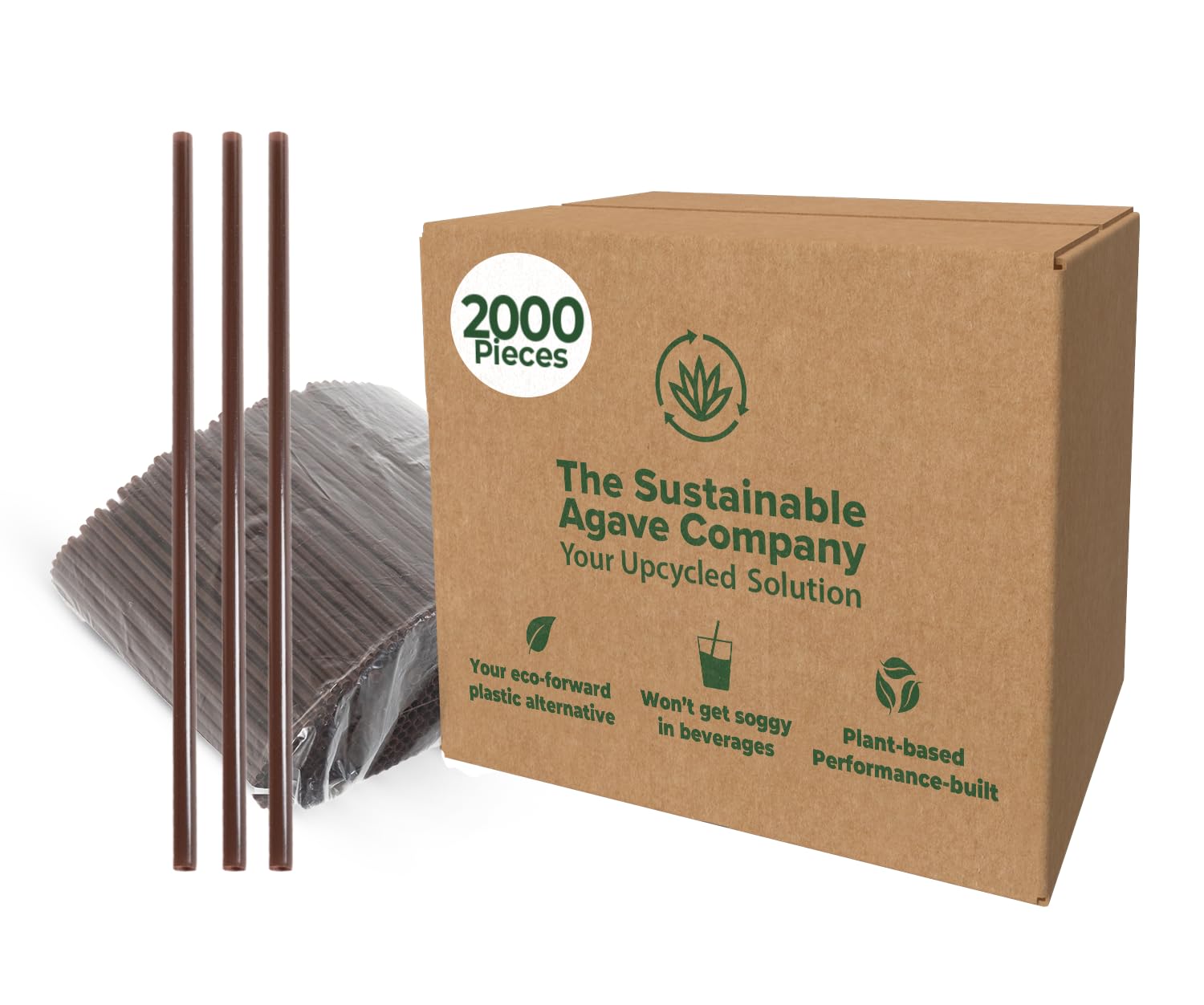 Sustainable Agave Co - Agave Fiber Unwrapped Drinking Straws - 2000 Count - Plant-Based, Made With Upcycled Materials, Reusable - Brown, Regular, 8"