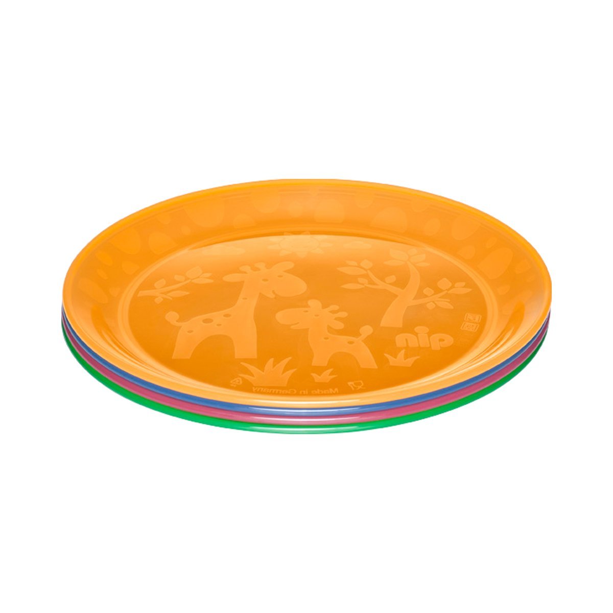 nip Baby-und Kinderteller Set mit Motiv, spülmaschinengeeignetes Kindergeschirr, extra flach & perfekt für Beikoststart, Plastikteller BPA-frei, ohne Melamin, orange/blau/rot/grün