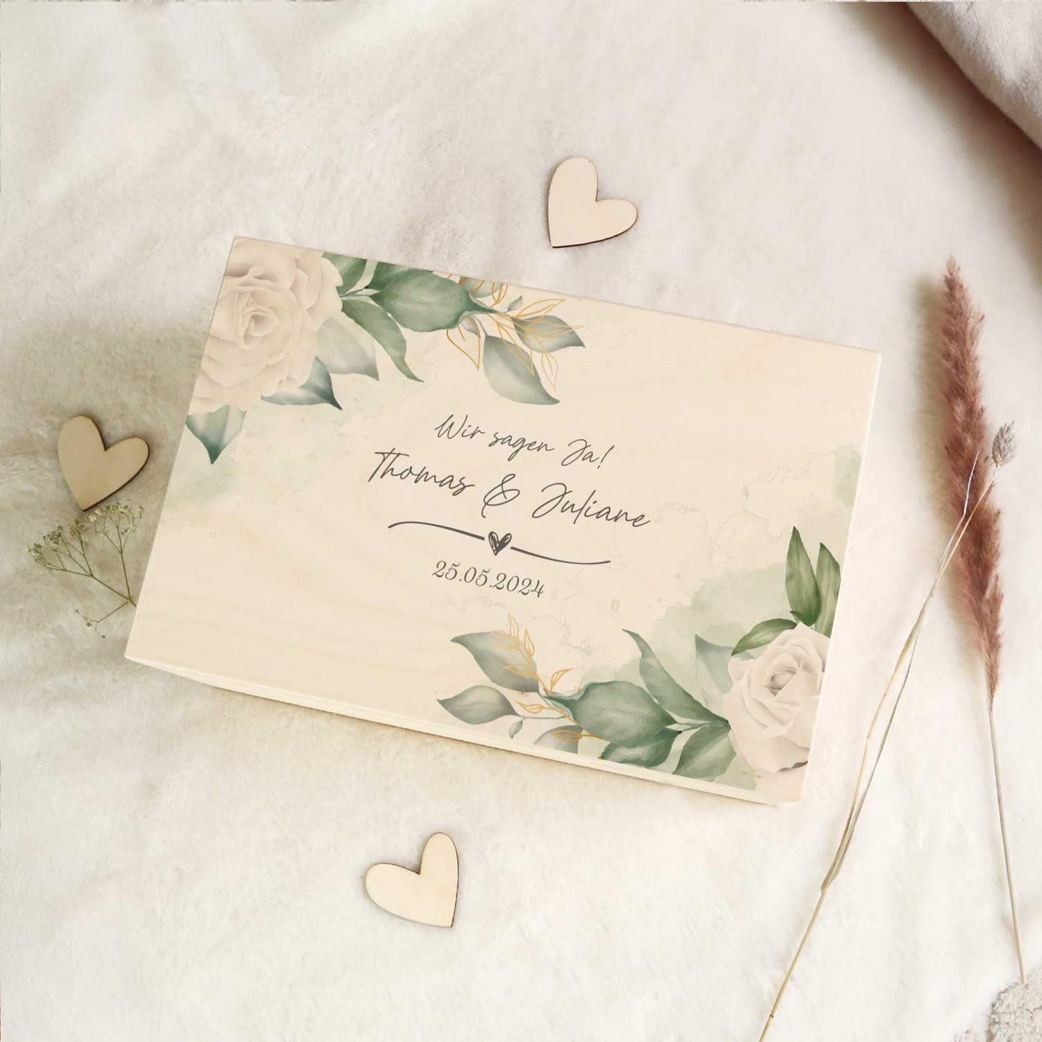 GRAVURZEILE Personalisierte Erinnerungskiste mit UV-Druck - Wedding Love Design - Personalisiert mit Namen & Datum - Erinnerungsbox für das Brautpaar - Geschenk zur Hochzeit