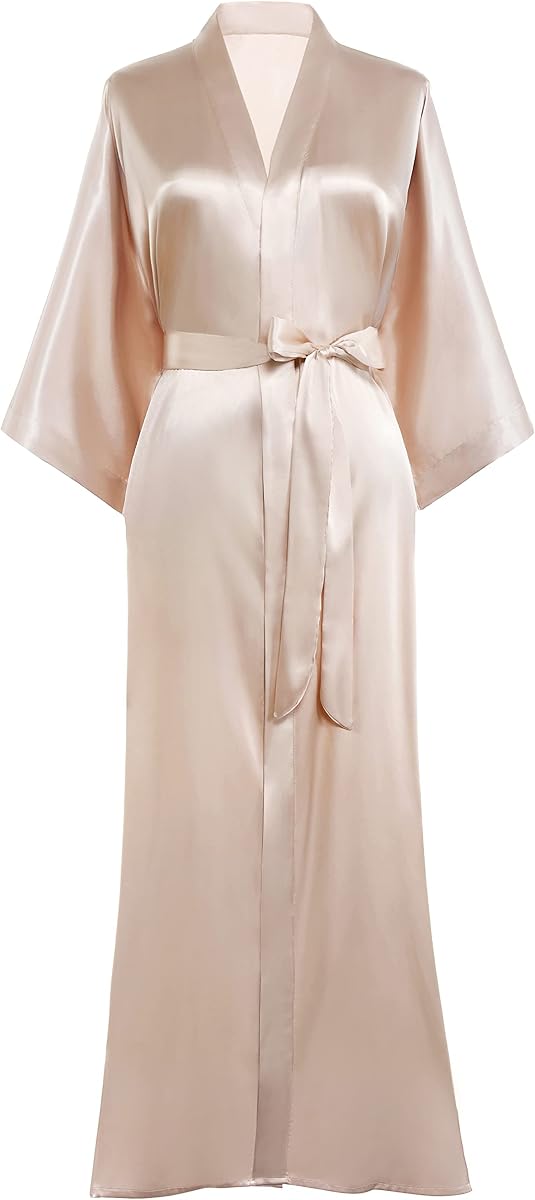 PRODESIGN Bata de kimono de satén para mujer, bata larga y sedosa para dama de honor de boda | Transpirable, ropa ligera, hasta el tobillo, dobladillo dividido, frente abierto, faja extraíble, ropa de spa, playa y fiesta nupcial.