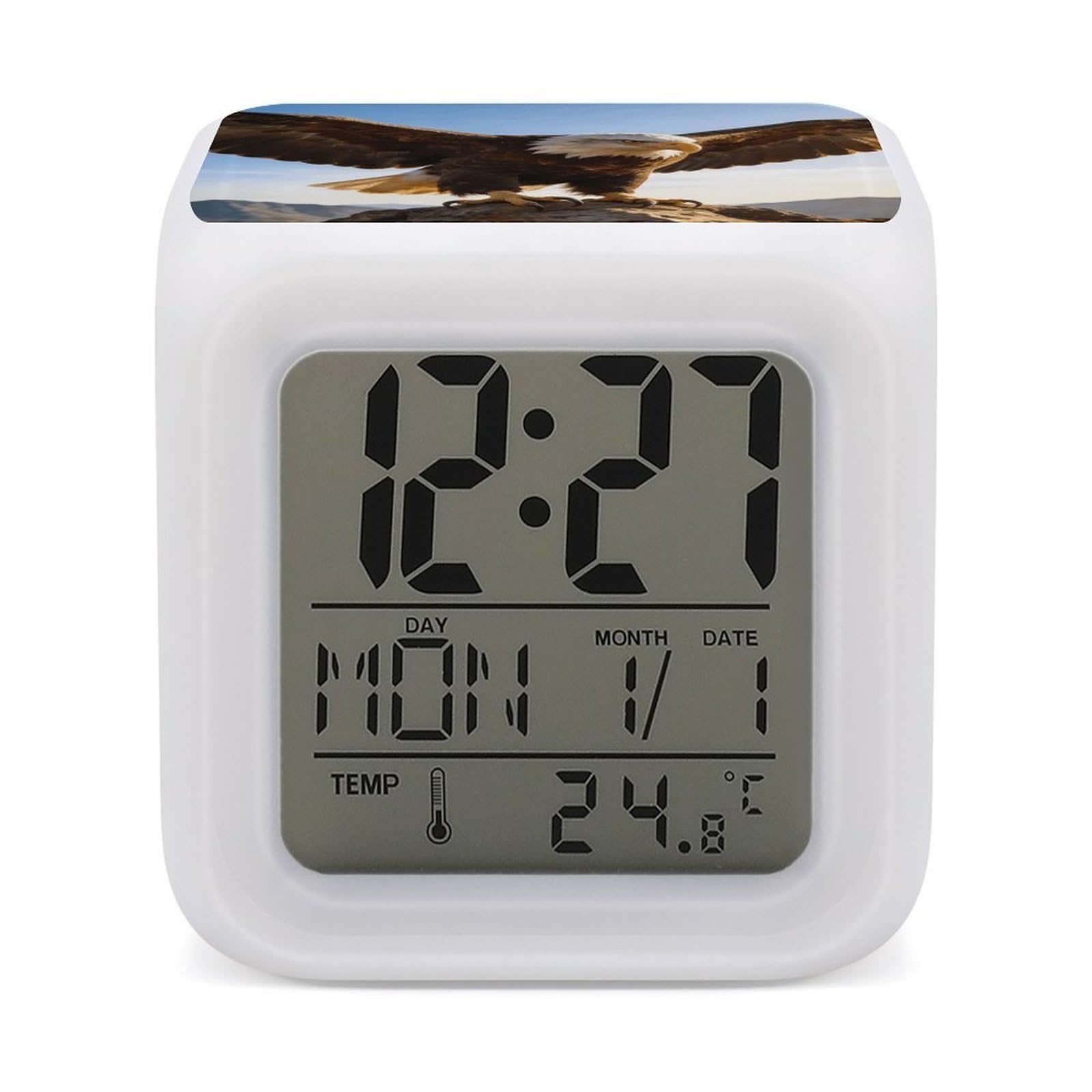 LZQPOEAS Fierce Eagle and National Flag Alarm Clock with 7 Color Changing Nightlight for Bedroom Calendar Temperature Display Wake Up Digital Clock Small Desk Clocks for Heavy Sleepers Adults
