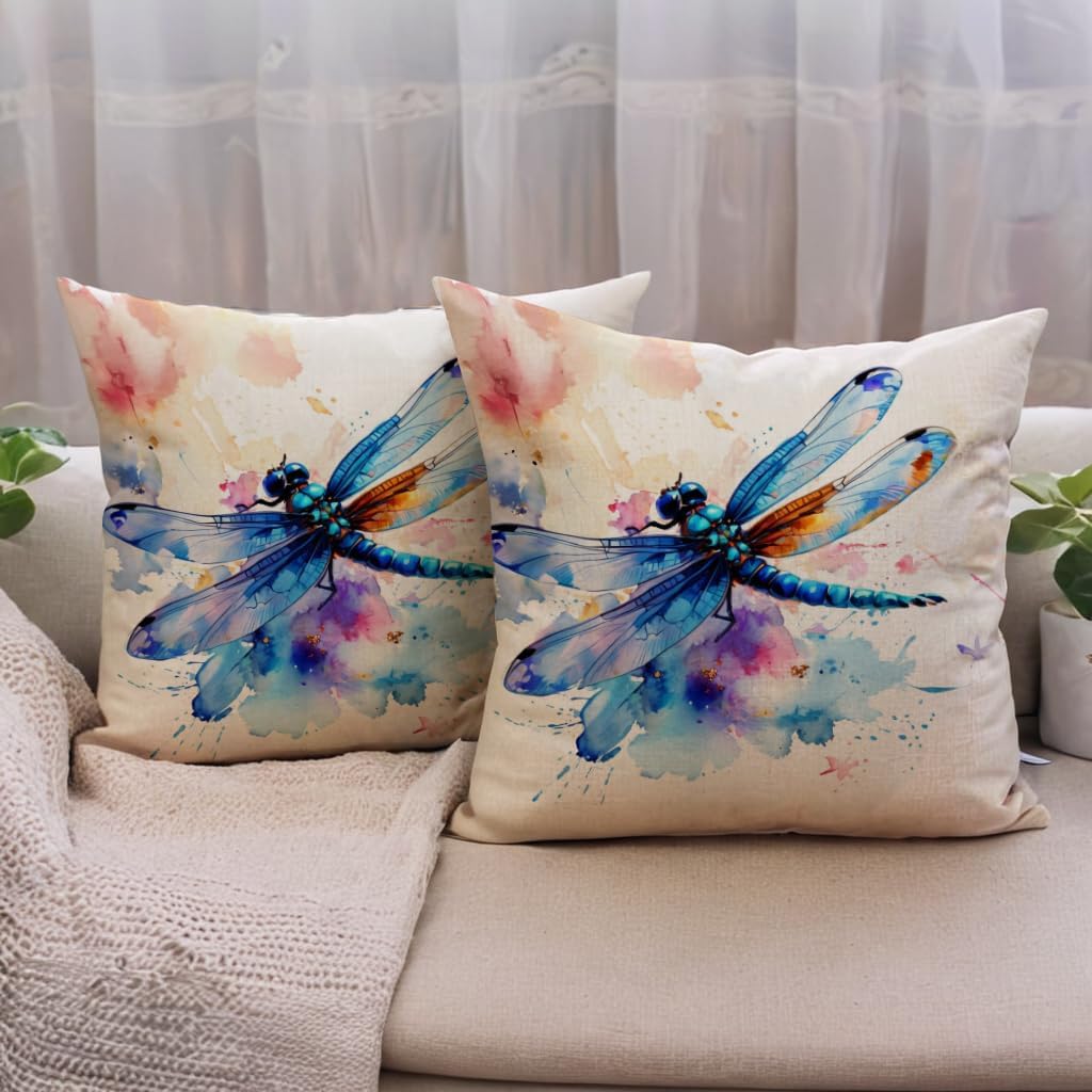 7COLORROOM Watercolor Animals Throw Pillow Covers 18x18 Inch Painting Dragonfly Print Cushion Case Farmhouse Spring Summer Decoration 2Pack Square Pillowcase for Patio Couch Sofa (Blue)