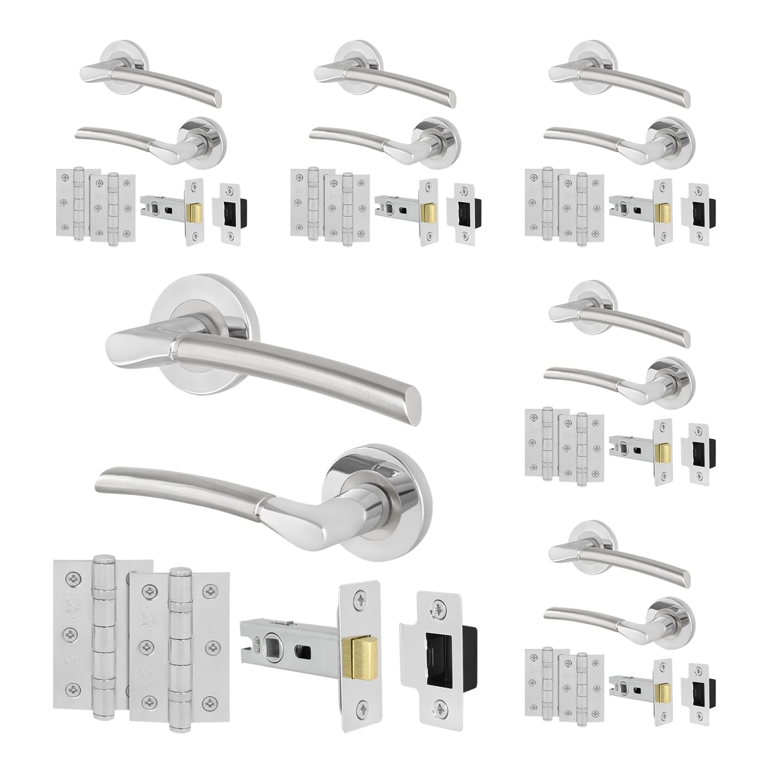 EAI Chrome Door Handle Latch Set, 6 Pairs Internal Round Rose Polished Chrome and Satin Nickel Handles, Latches 64mm Hinges 76mm — image 1
