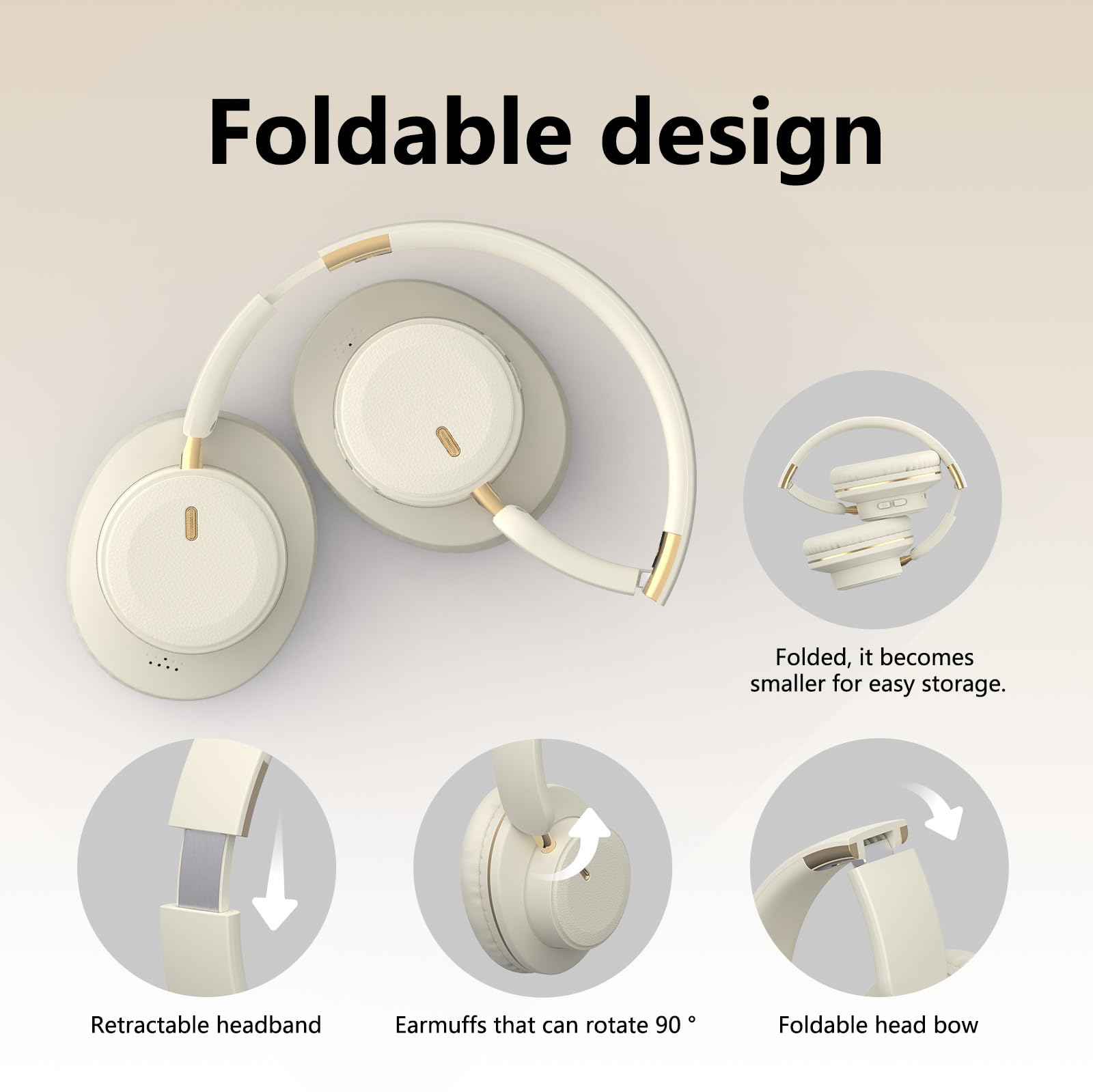 H9 - Cuffie wireless Bluetooth over-ear con audio surround HiFi e cavo USB-C, batteria a lunga durata di 24 ore, microfono integrato, per donne e uomini, viaggi, casa, ufficio (bianco sporco)