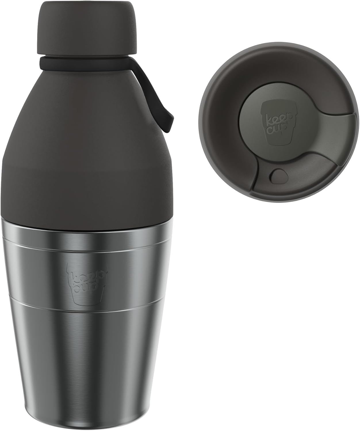KeepCup Cup-to-Bottle Kit, 2 in 1 Reusable Water Bottle and Travel Mug, Insulated Stainless Steel Dual Opening with Leakproof Sipper Lid – 530ml Bottle to 12oz Cup – Nitro Black