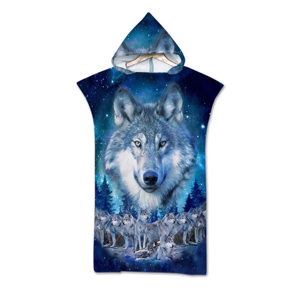 Beach Towel Animal Pattern Dog Wolf Horse Cat Shark Lion Dream Catcher Bath Towel Bathrobe Multifunctional Poncho Portable Changing Adult Summer Swimming Surfing Hooded Bath Towel (Wolf)