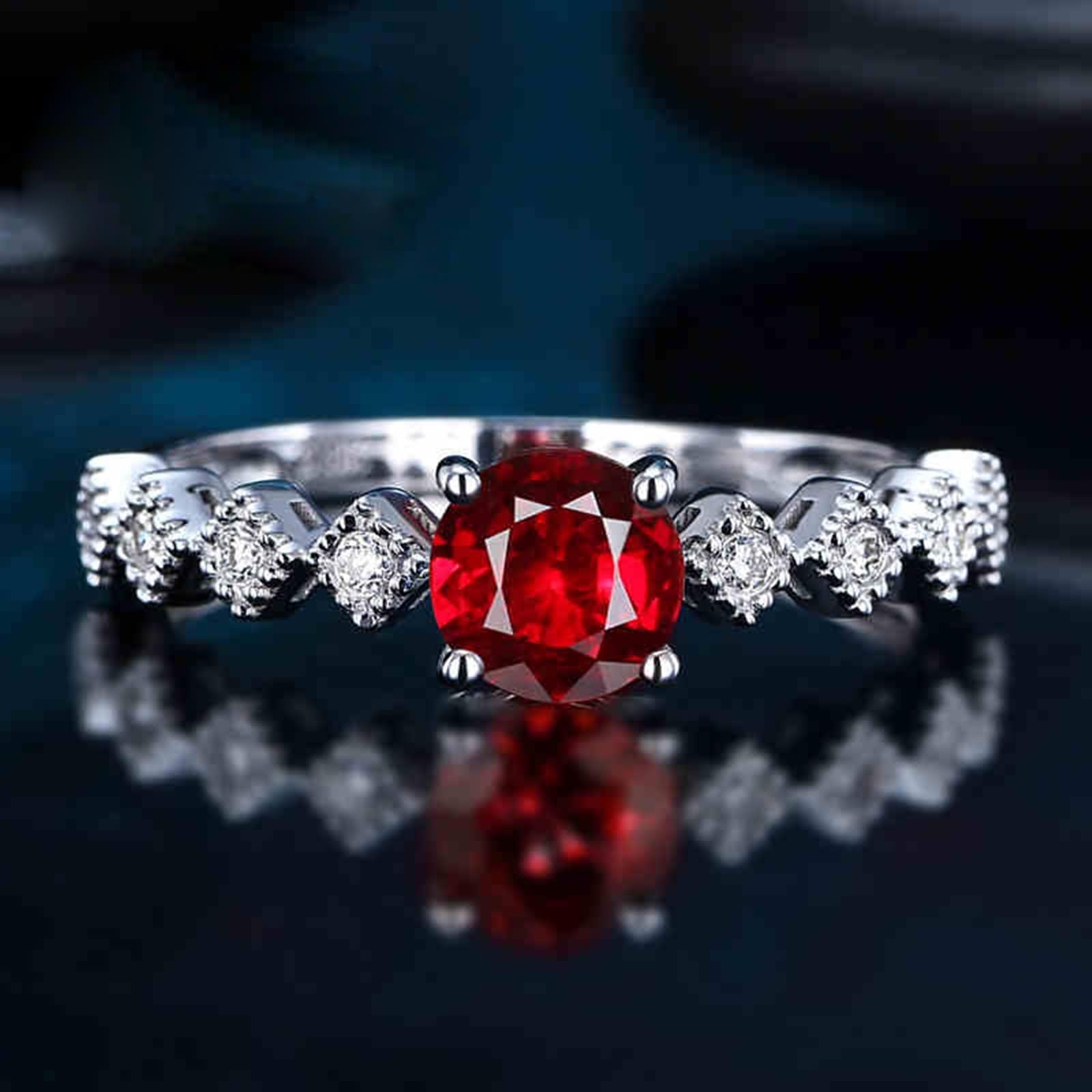 Anillos Alianza Oro Blanco 9 Kilates / 14 Kilates / 18 Kilates de Mujer, Rombo y Redondo con Rubí de 0,5ct y Diamante, Anillos de Alianzas Mujer Plata Rojo