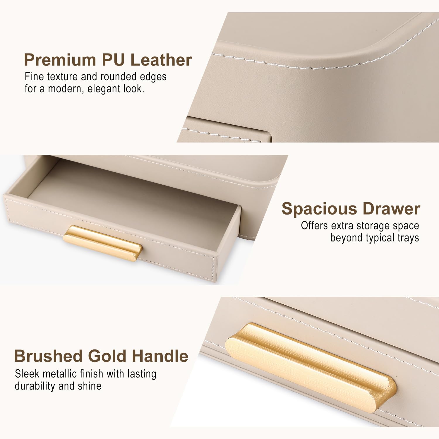 GORESE Taschenleerer, Leder Valet Tablett mit Schublade Nachttisch Ablageschale Schmuckaufbewahrung Dekotablett Schreibtisch Aufbewahrungsbox für Schmuck,Kosmetik,Schlüssel,Schreibwaren(Beige)