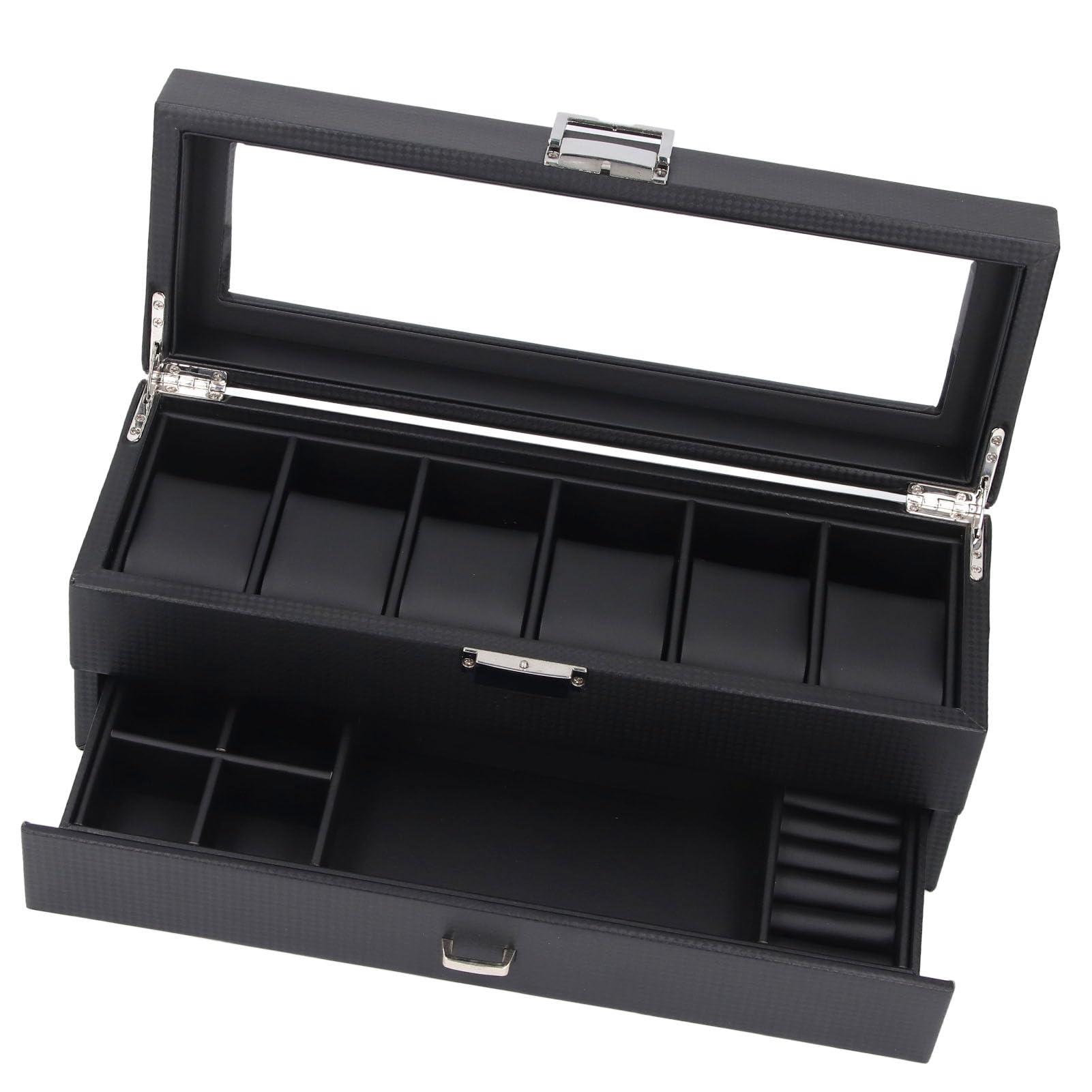 Vitrina de Reloj de 6 Ranuras con Cajón y Tapa de Vidrio Templado para Almacenamiento Organizado de Accesorios, Elegante Acabado de Cuero PU, Perfecto para el Hogar o Regalo