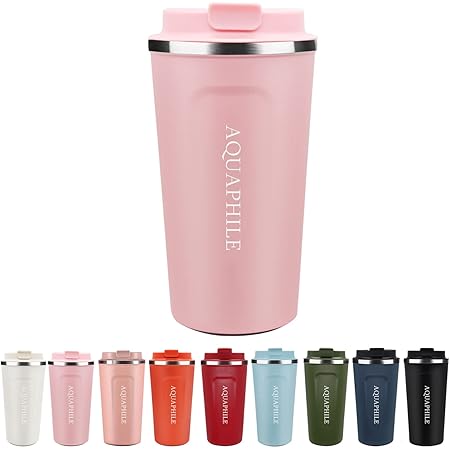 AQUAPHILE Reusable Coffee Cup, Coffee Travel Mug with Leak-proof Lid, Thermal Mug Double Walled Insulated Cup, Stainless Steel Portable Coffee Tumbler, for Hot and Cold Drinks(Pink, 17 oz)