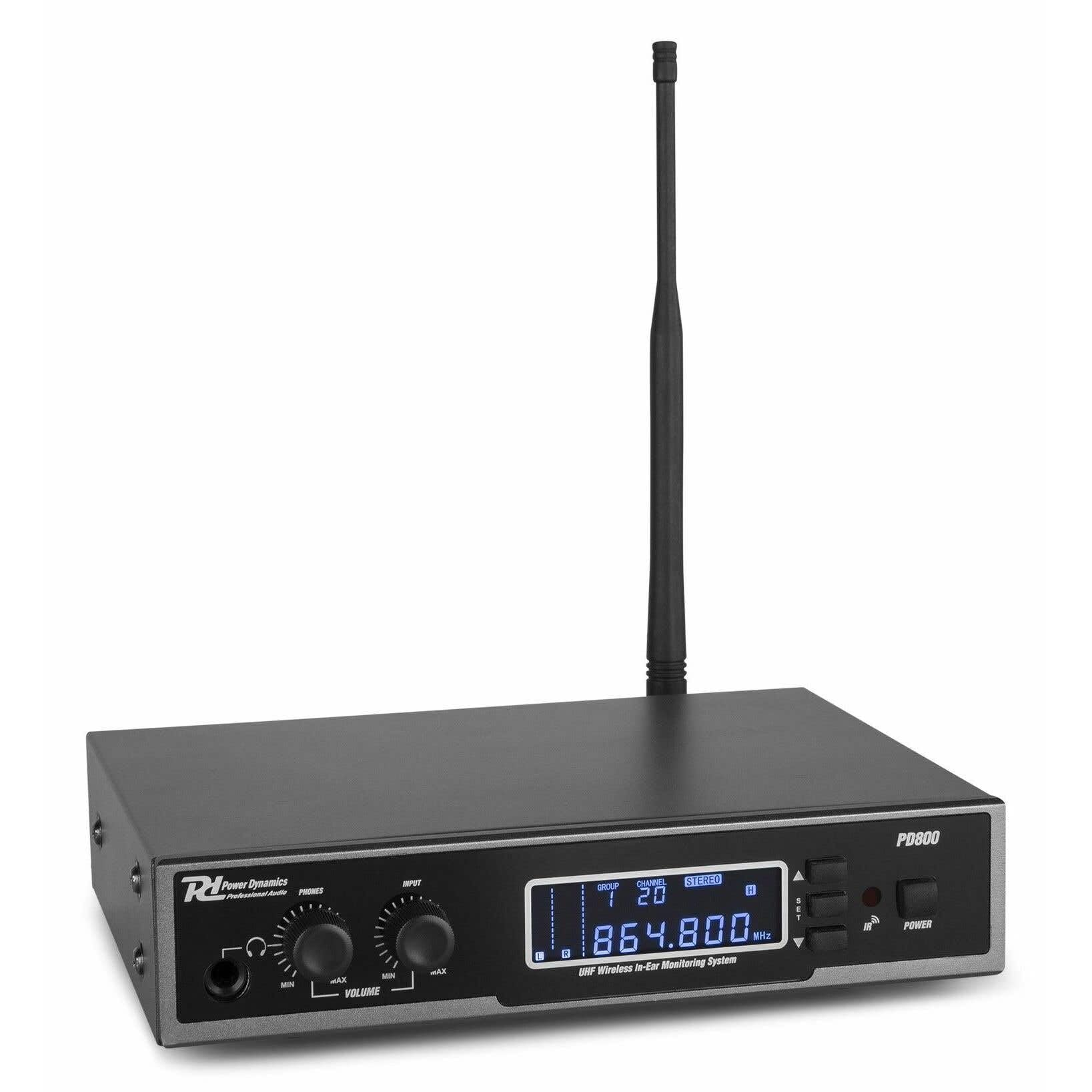 Power Dynamics PD800 Sistema de monitorización In-Ear UHF | Sistema In-Ear UHF, 20 canales, alcance hasta 80 m, incluye transmisor y receptor