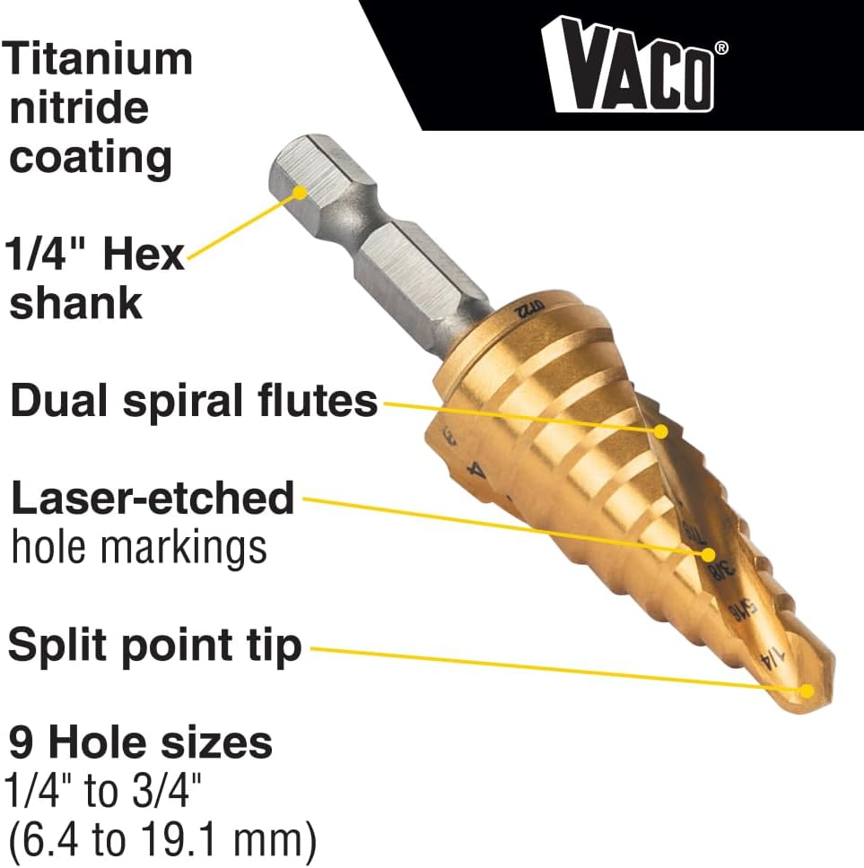 Klein Tools 25963 Step Drill Bit, 1/4 to 3/4-Inch, Spiral Double-Fluted, Cuts Thin Metal, Plastic, Aluminum, Wood, 1/4-Inch Hex Shank, VACO