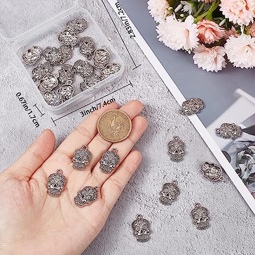 SUNNYCLUE 1 Box 30Pcs Skull Charms Halloween Skeleton Head Charm Tibetan Style Antique Silver Flower Pattern Gothic Skull Metal Alloy Charms for jewellery Making Charm DIY Earrings Bracelets Supplies - Image 3