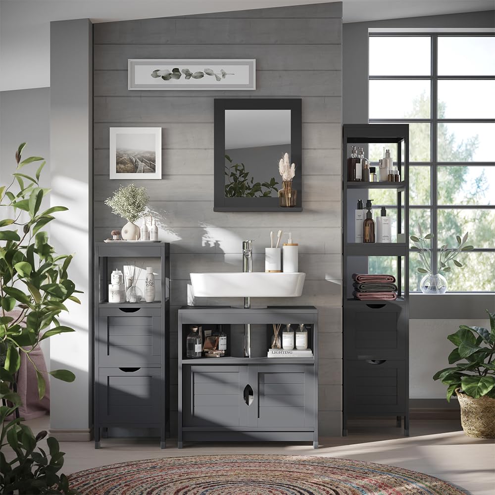 Vicco Badschrank Vilda, Grau, 30 x 144 cm | mit 2 Schubladen, zur Aufbewahrung von Badaccessoires und Pflegeprodukten