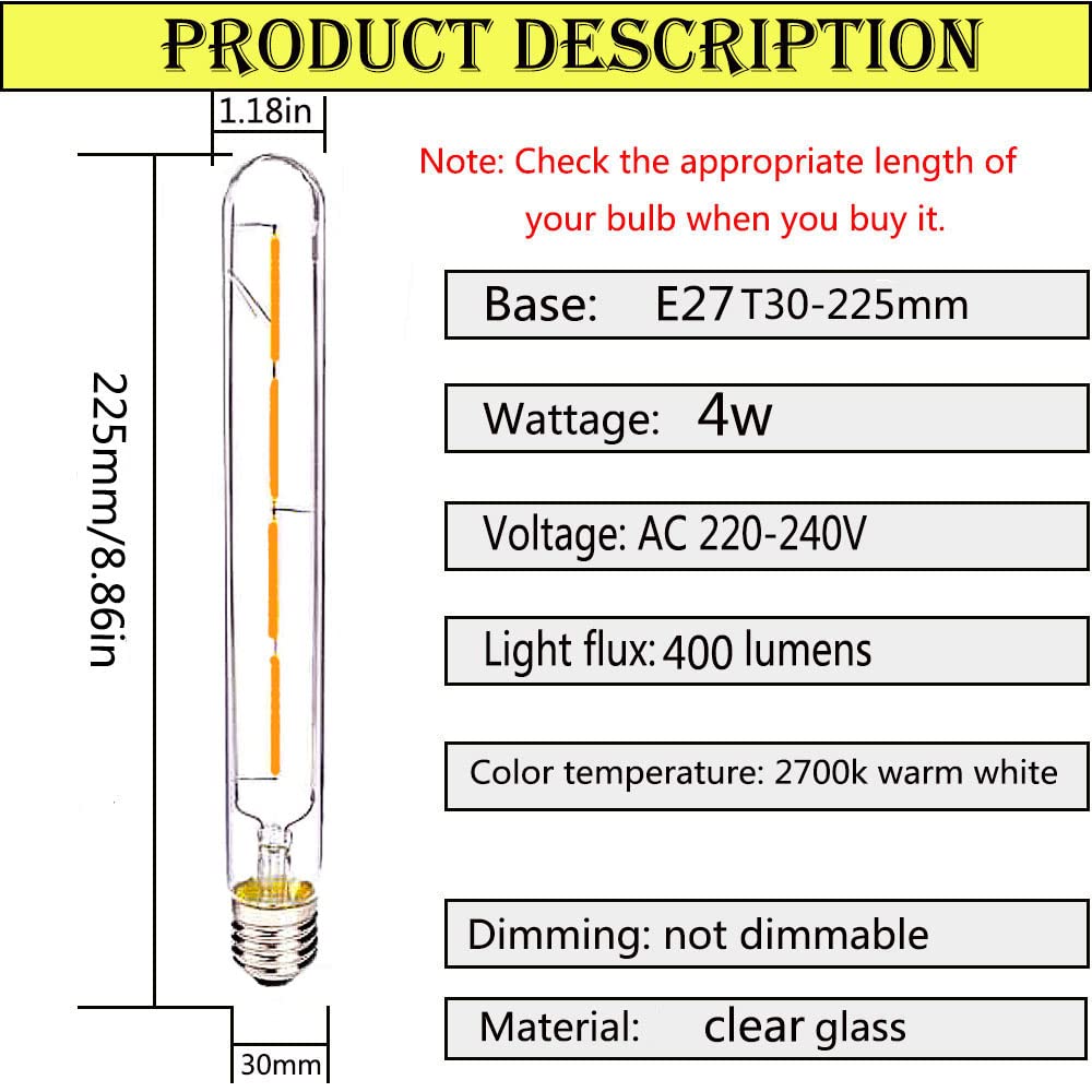 OUKAIDE E27 T30-225 4W LED Edison Bulb Vintage Light Bulb E27 Led Filament Bulb - Image 2